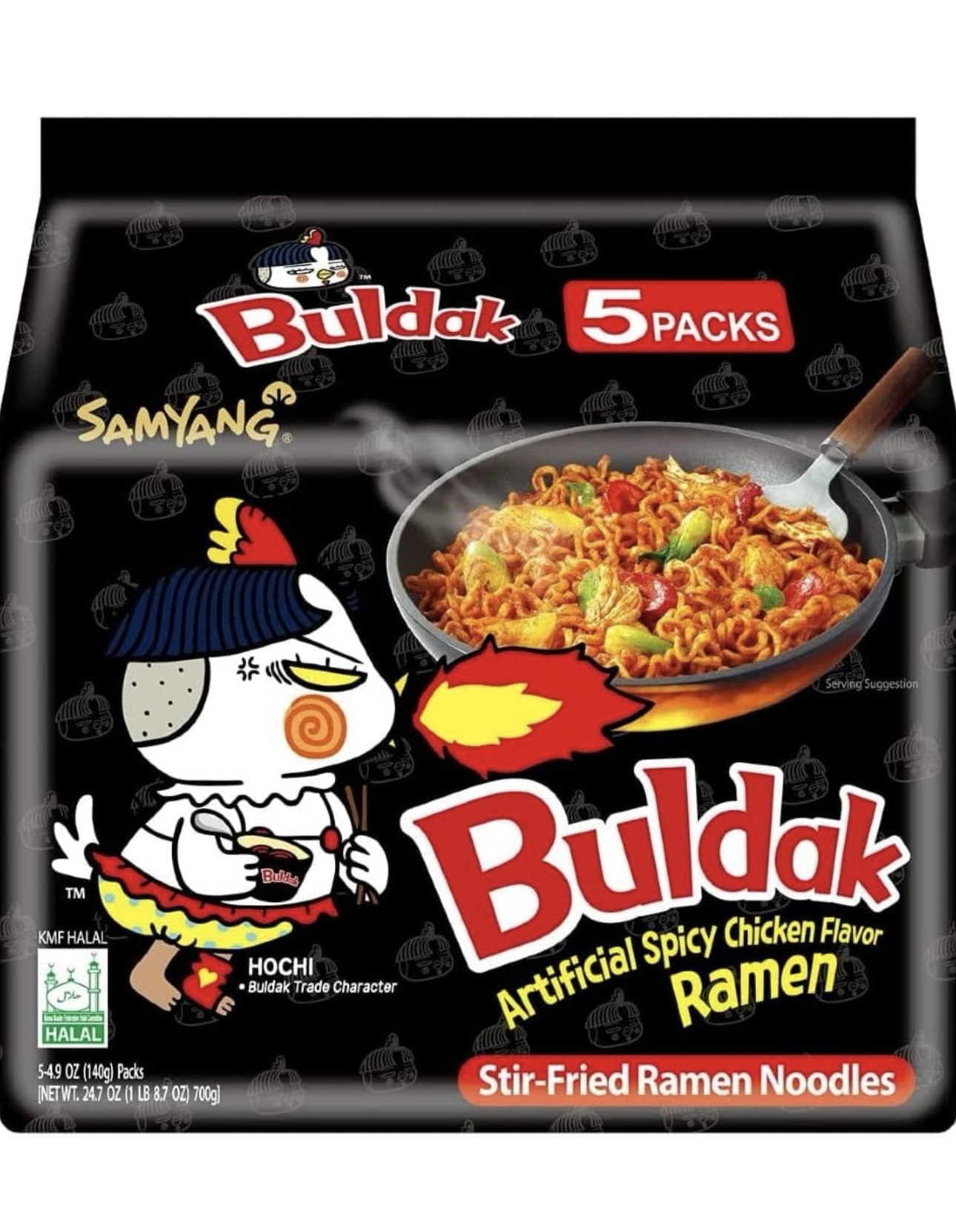 Samyang Korean Buldak Noodle Set - Hot Chicken Flavour Korean Style Instant Ramen Spicy Challenge Halal 700g (Pack of 5)