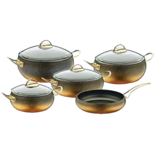 OMS 9PC NON STICK GRANITE SAUCEPAN GOLD HANDLE BLACK